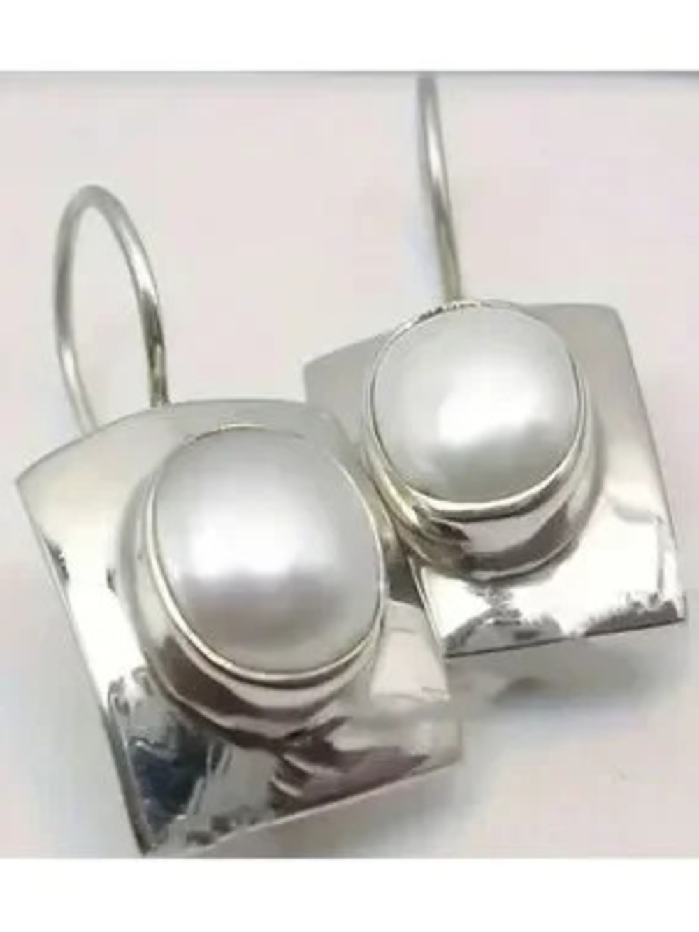 Anthropologie Silver Square Drop Earrings with White Pearlescent Center
